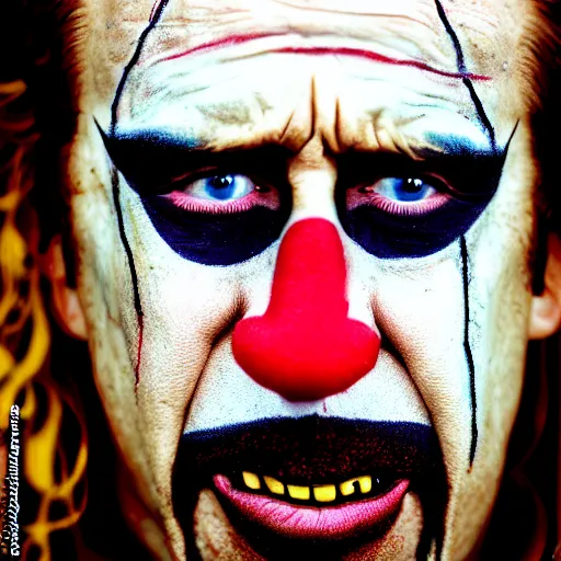 Prompt: uhd candid photo of dirty, homeless nicholas cage wearing bizarre clown makeup, ranting maniacally in the street. skid row. correct face, accurate face, exaggerated features, intricate details, intricate clown makeup, hyperdetailed, accurate face. photorealistic. photo by annie leibowitz