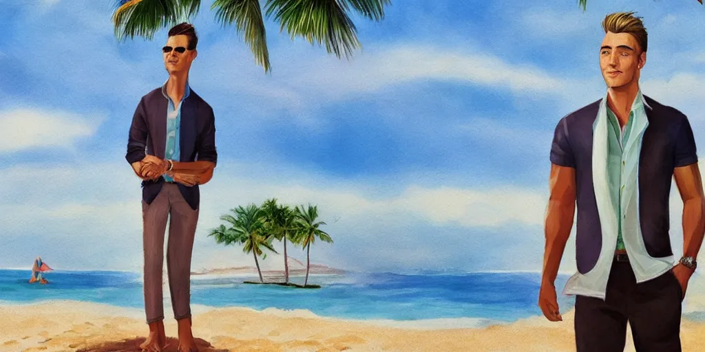 Image similar to a handsome guy is standing tall, in a beautiful shirt, with the beach, sea, sun, rays in the background? super detail, one character