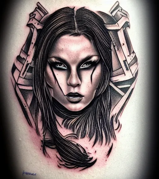 Image similar to tattoo design on white background of a hyper realistic beautiful girl warrior, hyper detailed, inspired by eliot kohek