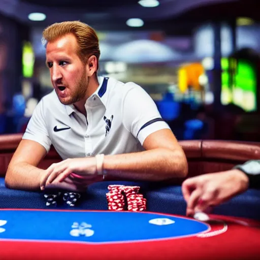 Image similar to promotional photo of harry kane playing greg raymer at a poker table, uhd, 8k, hyper detailed, wsop, poker,