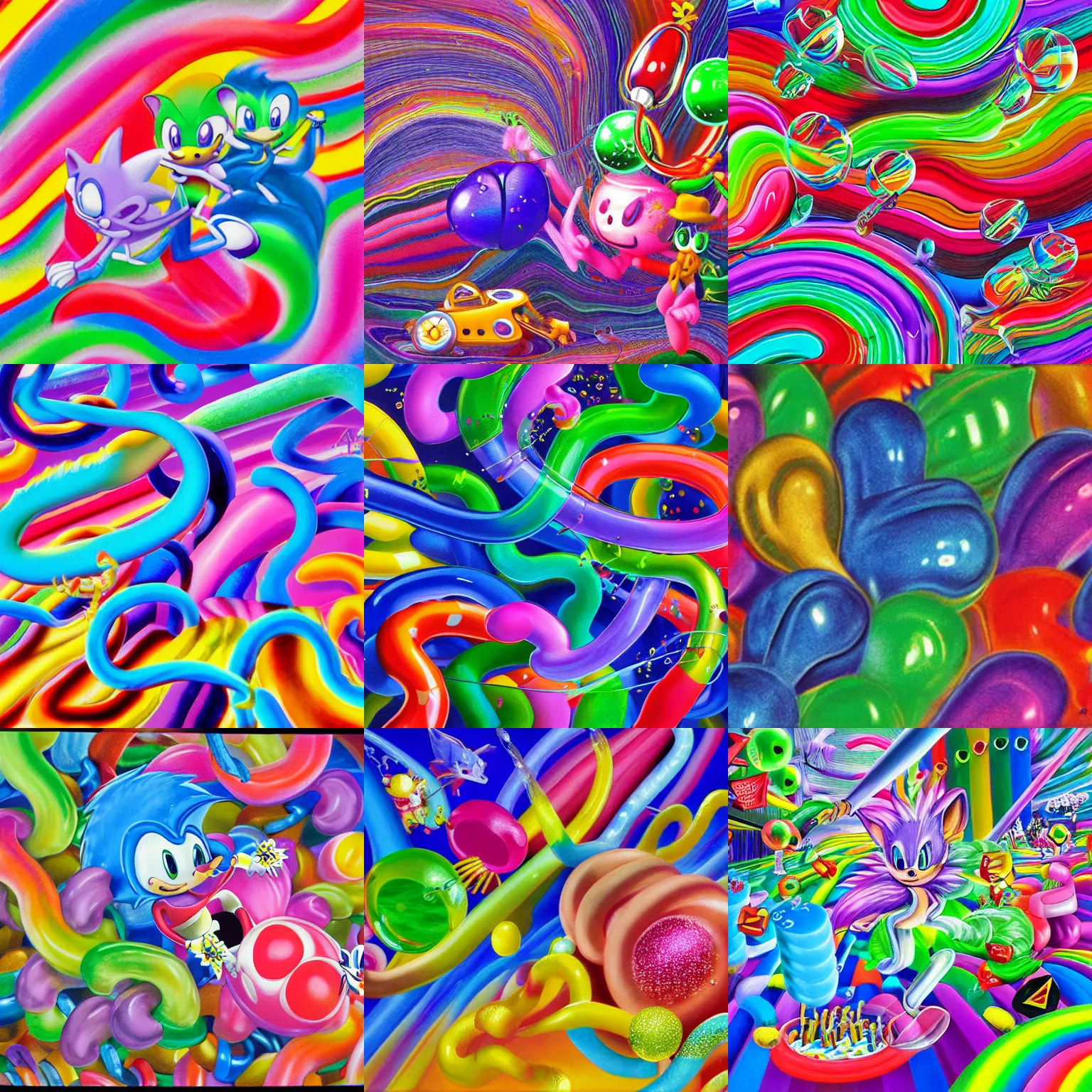 Prompt: surreal, sharp, detailed professional, soft pastels, high quality airbrush art album cover of a liquid bubbles airbrush art lsd taffy dmt sonic the hedgehog dashing through cotton candy, iridescent gummy worms checkerboard background, 1 9 9 0 s 1 9 9 2 sega genesis rareware video game album cover