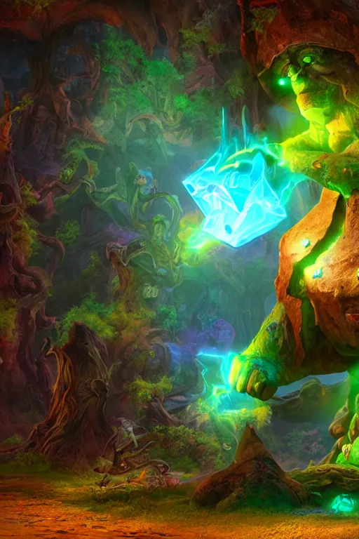 Image similar to arcane fantasy art giant golem elemental wood rock bastion forged gemstone enchanted forest troll, global illumination ray tracing hdr fanart arstation by sung choi and eric pfeiffer and gabriel garza and casper konefal lisa frank zbrush central hardmesh radiating a glowing aura