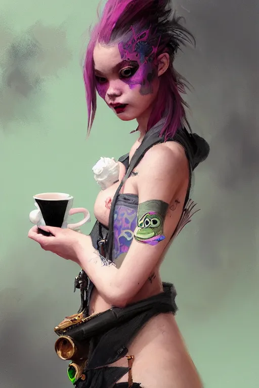 Prompt: portrait of a punk girl on a date with pepe! the frog! drinking coffee in the style of fenghua zhong and ruan jia and jeremy lipking and peter mohrbacher, extremely detailed digital painting, 8 k