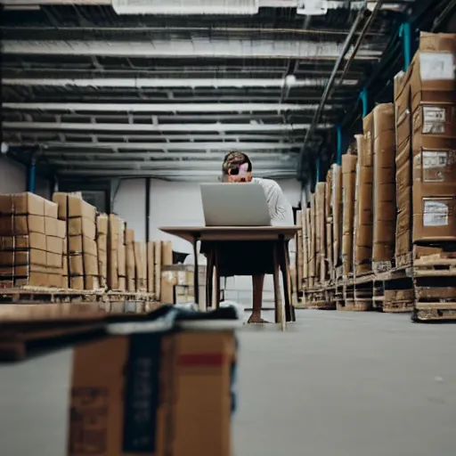 Image similar to a close up man using a laptop inside in warehouse, he sitting on chair and small table, polaroid photo, view from back