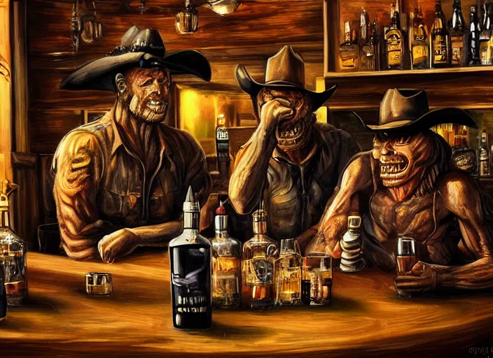 Image similar to aliens drinking whiskey in a western bar, painting, detailed, sharpness, moody