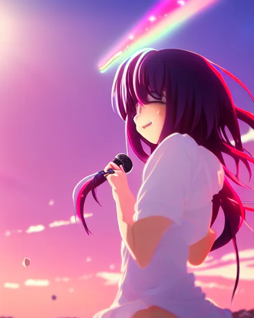 Prompt: anime style, vivid, expressive, full body, 4 k, a cute girl with white skin and long pink wavy hair singing a song, heavenly, stunning, realistic light and shadow effects, happy, centered, landscape shot, happy, simple background, studio ghibly makoto shinkai yuji yamaguchi