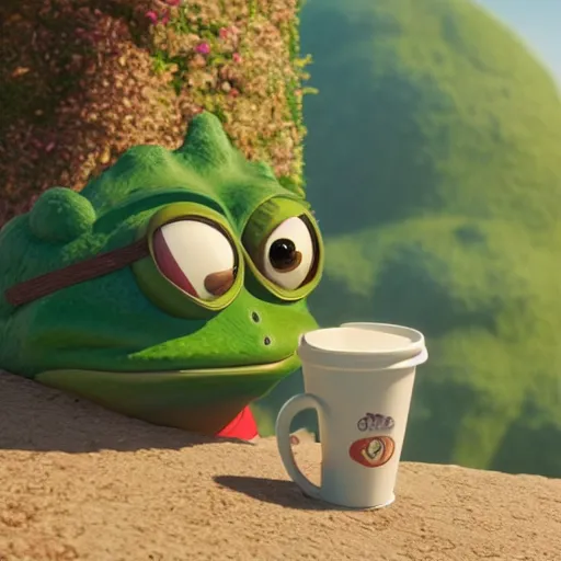 Prompt: a wholesome animation key shot of small pepe the frog holding a cup of coffee on a hill, medium shot, studio ghibli, pixar and disney animation, sharp, rendered in unreal engine 5, anime key art by greg rutkowski, bloom, dramatic lighting