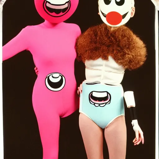 Image similar to 1978 twin women on tv show wearing an inflatable smileymask with a long prosthetic nose and googly eyes, wearing a leotard on the dancefloor 1978 technicolor film 16mm holding a hand puppet Fellini John Waters Russ Meyer Doris Wishman