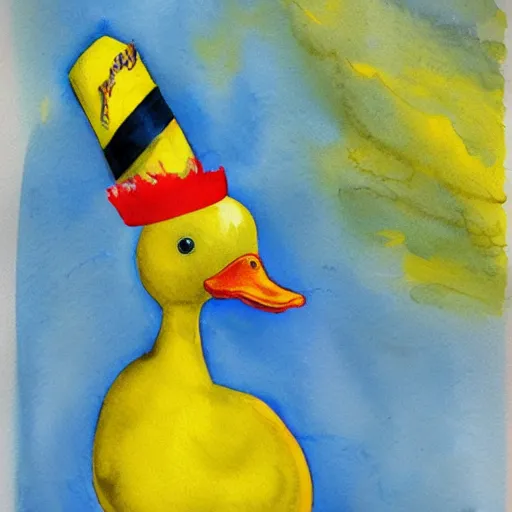 Image similar to watercolor yellow duck with party hat and middle finger pointing up, white background, highly detailed, art,