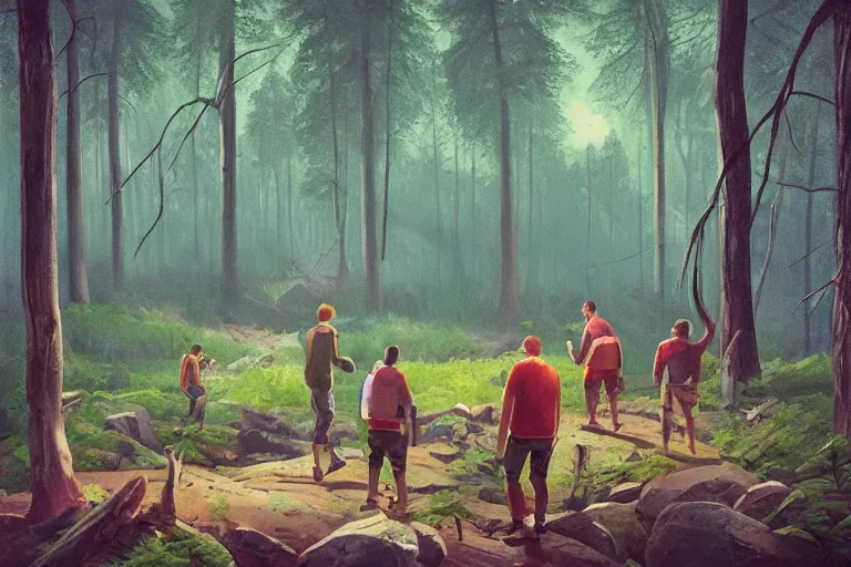 Image similar to mid - thirties guys binge drinking and hiking in a forest, in the style of simon stalenhag