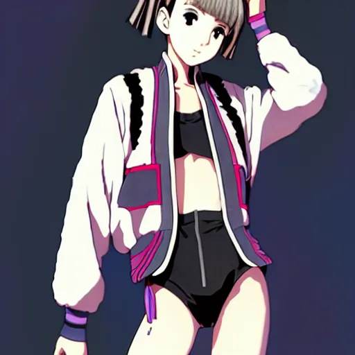 Image similar to a beautiful natalie portman as an anime boy gravure model, wearing oversized mayan bomber jacket and leotard with overalls, bulky poofy bomber jacket with mayan patterns, aztec street fashion, gapmoe yandere grimdark, trending on pixiv fanbox, painted by greg rutkowski makoto shinkai takashi takeuchi studio ghibli, akihiko yoshida