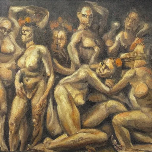 Prompt: an orgy of graves, oil painting, on dark canvas, realistic,