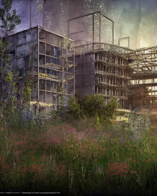 Image similar to a beautiful photorealistic illustration of unfinished building industrial architecture building urbex nature architecture city village by denis sarazhin, alien nature crystal san andreas laser rainforest mercury meadow cosmic landscape tundra bladerunner 2 0 4 9 flowers thermal imaging thermal vision, archdaily, wallpaper, highly detailed, trending on artstation.