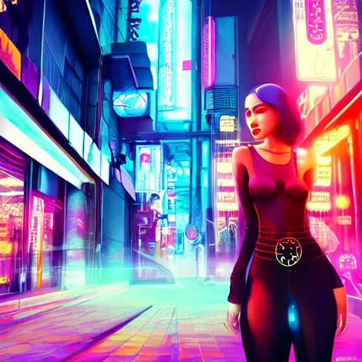 Prompt: innovative avant-garde art, deco fashion, asian women, neon lights, highly detailed, photorealistic portrait, cyberpunk city street, night time, crisp quality and light reflections, unreal engine 5 quality render