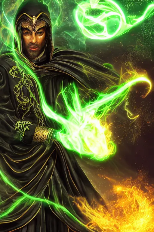 Prompt: a warlock wearing a black robe with golden embroidery, casting a spell, green glows, in the style of magic the gathering, highly detailed digital art