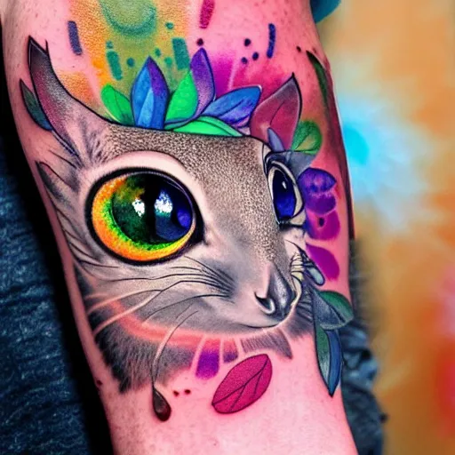 Image similar to shoulder tattoo of a multicolored trippy bushbaby with rainbow colored spiral eyes, long fur in rainbow colors, surrounded with a ring of colorful leaves and flowers, insanely integrate