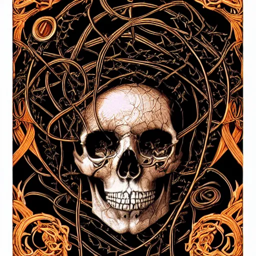 Prompt: human skull wrapped in vines, black paper, elements, red, gold, neon, baroque, rococo, white, orange, ink, tarot card with ornate border frame, marc simonetti, paul pope, peter mohrbacher, detailed, intricate ink illustration