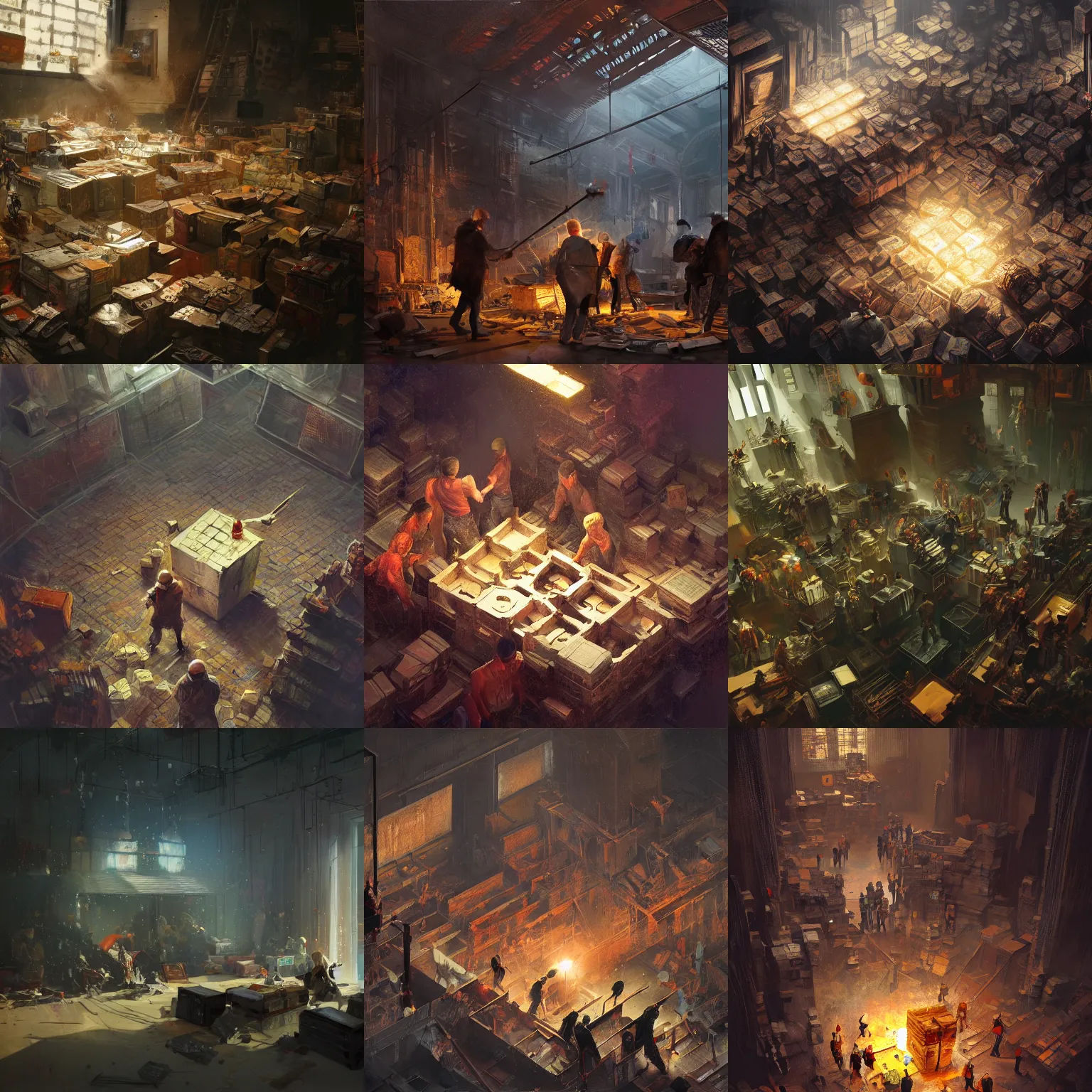 Prompt: a dangerous box full of dynamite in the middle of a room, worried consultants stand around the box, intricate, detailed, volumetric lighting, scenery, digital painting, highly detailed, artstation, sharp focus, illustration, concept art, ruan jia, steve mccurry