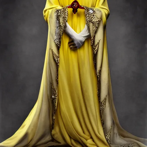 Image similar to a white pale masked priestess of the king in yellow, with a tight yellow silk robe, she wears a lot of luxury jewelry with red gems, fantasy, highly detailed, by peter morbacher