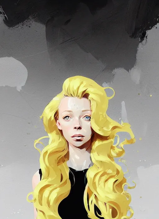 Prompt: highly detailed closeup portrait of beautiful portia doubleday, blonde wavy hair, angela moss, white suit by atey ghailan, by greg rutkowski, by greg tocchini, by james gilleard, by joe fenton, by kaethe butcher, gradient yellow, black and white color scheme, grunge aesthetic!!! ( ( graffiti tag wall background ) )