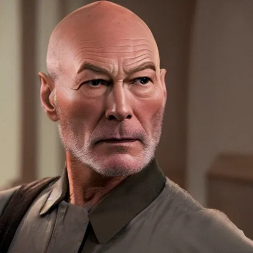 Image similar to a man who is a genetic combination of patrick stewart and jonathan frakes and levar burton and michael dorn and brent spiner, face and upper - body focus, detailed eyes