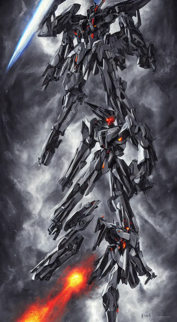 Prompt: hades in mobile suite gundam, mecha design, in dark space, symmetry, realistic atmosphere, by paul chadeisson