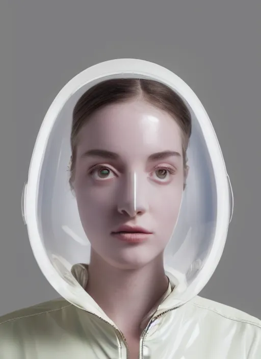 Image similar to an ultra high definition professional studio quality photograph of a transparent iridescent perspex pastel coloured face visor and matching raincoat on a white coat hook in an empty white room. dramatic lighting, ray tracing, refraction, shallow d. o. f, colour corrected, golden ratio, three point light. volumetric shadows. light rays.