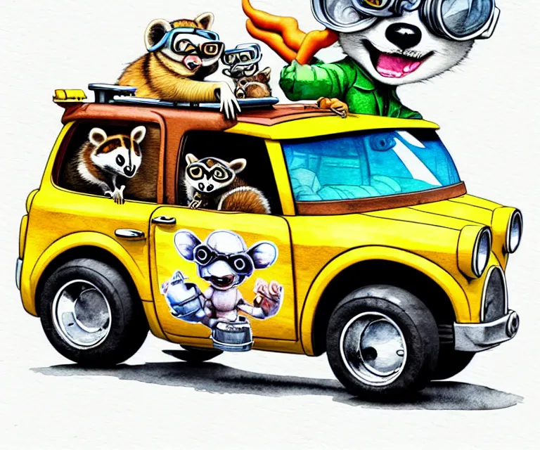 Image similar to cute and funny, racoon wearing goggles driving a tiny hot rod with an oversized engine, ratfink style by ed roth, centered award winning watercolor pen illustration, isometric illustration by chihiro iwasaki, edited by craola, tiny details by artgerm and watercolor girl, symmetrically isometrically centered