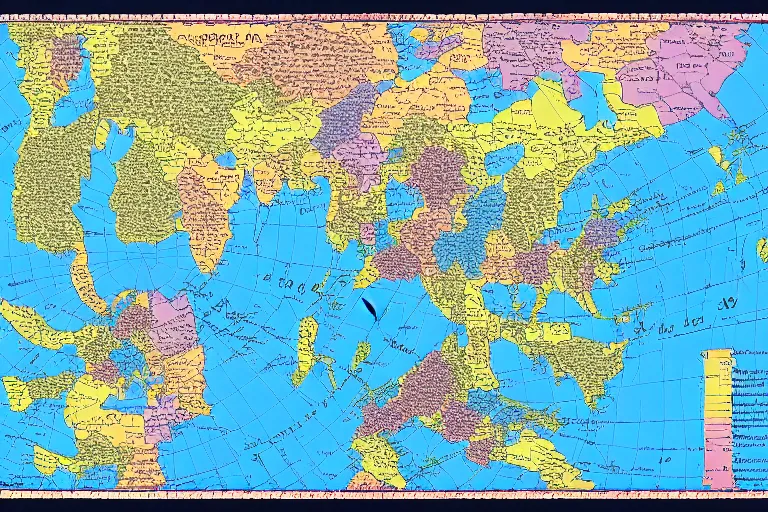 Image similar to Map of a heavenly realm including regional borders and statistics on population for each region, intricately detailed, full color