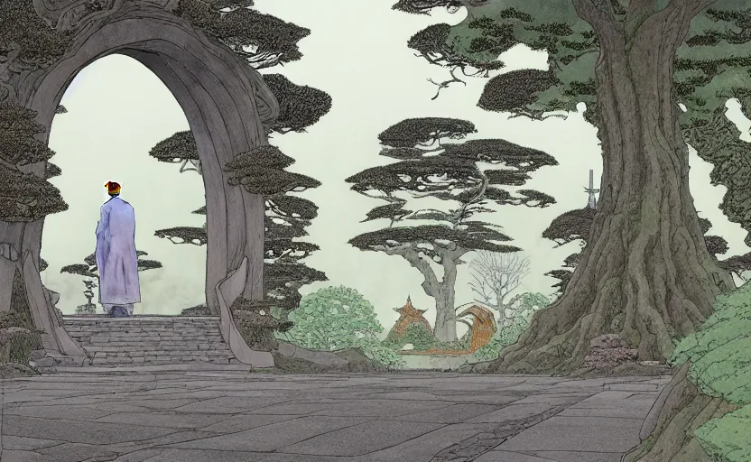Prompt: a hyperrealist watercolour concept art of a dimensional time portal in the shape of an arch of trees. a medieval monk in grey robes is in the foreground. a japanese temple is in the background. very muted colors, post grunge, by rebecca guay, michael kaluta, charles vess and jean moebius giraud. high detail, hq, wide shot, 4 k