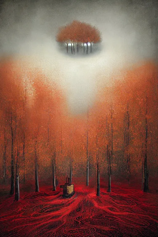 Image similar to immaculate painting of A Beautiful fine detailed gold and red and black Forest Illusion by erik johansson micro detailing