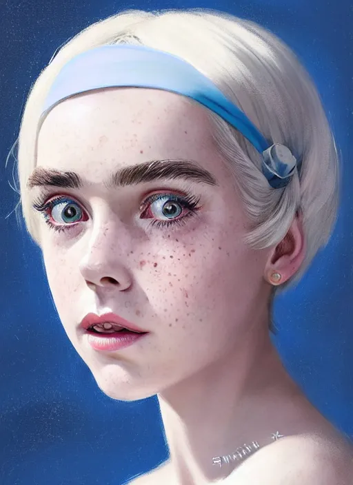 Image similar to portrait of kiernan shipka with freckles, white hair, big 1 9 6 0 s bob hairstyle with bangs and hairband, blue 1 9 6 0 s dress, intricate, elegant, glowing lights, highly detailed, digital painting, artstation, concept art, smooth, sharp focus, illustration, art by wlop, mars ravelo and greg rutkowski