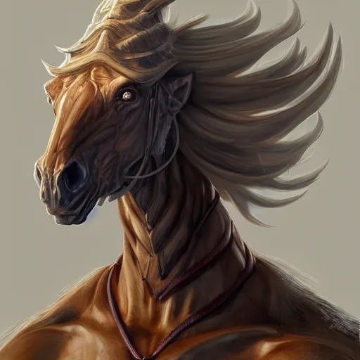 Prompt: Portrait of a Zentaur, horse body with a human chest and head, dnd character design concept art, by Sergey Samarskiy, hyper detailed, uncropped.