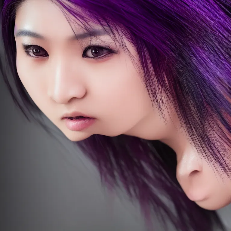 Image similar to Close up portrait of a young Asian Cyberpunk woman with dark purple hair, highly detailed, high quality, HD, 4K, 8K, Canon 300mm, professional photographer, 40mp, lifelike, top-rated, award winning, realistic, sharp, no blur, edited, corrected, trending