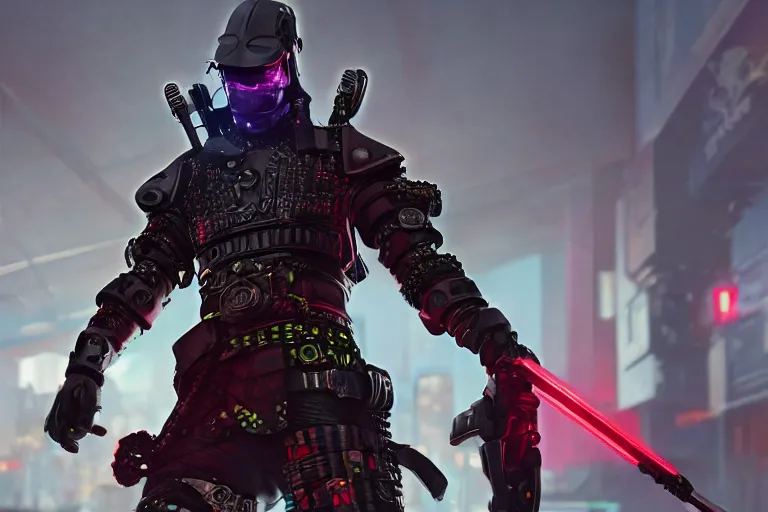 Prompt: cyberpunk samurai, neon armor, 8k, photorealistic, high resolution, highly detailed, render