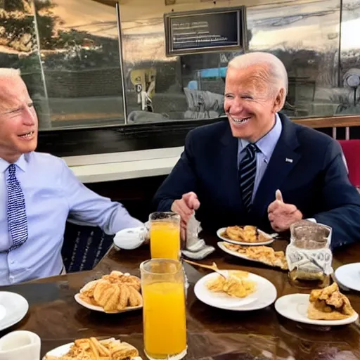 Image similar to photograph of trump and Biden sitting and eating breakfast at a Wafflehouse