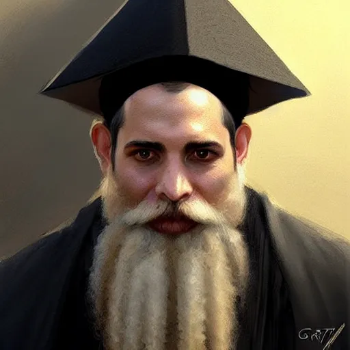 Prompt: a happy merchant orthodox jew wearing kippah!!!, rubbing hands!!!, evil, tricky!!, black curly beard, black curly hair, black eyes, hooked nose!, by greg rutkowski, artstation, by artgerm, by wlop