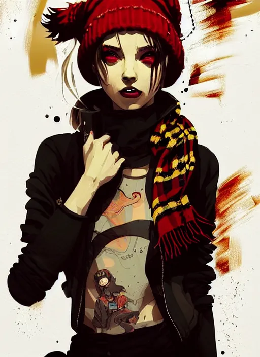 Prompt: highly detailed portrait of a sewer punk lady student, beanie, tartan scarf, wavy blonde hair by atey ghailan, by greg rutkowski, by greg tocchini, by james gilleard, by joe fenton, by kaethe butcher, gradient red, black, brown and gold color scheme, grunge aesthetic!!! white graffiti tag wall background