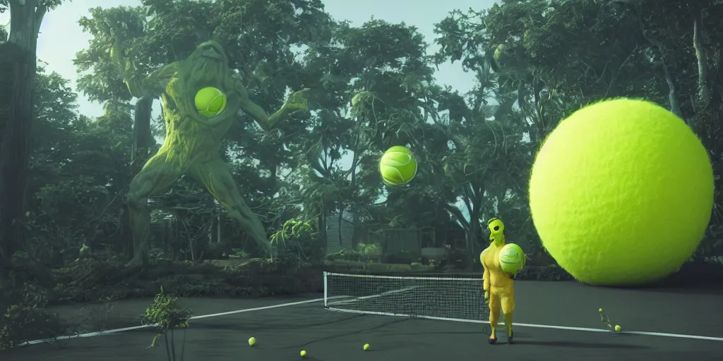 Image similar to a photo of 8 k ultra realistic giant tennis ball monster statue, tennis ball monsters, exotic, cinematic lighting, trending on artstation, 4 k, hyperrealistic, focused, high details, unreal engine 5, cinematic, alien planet atmosphere in background, 3 d render by basil gogos and beeple