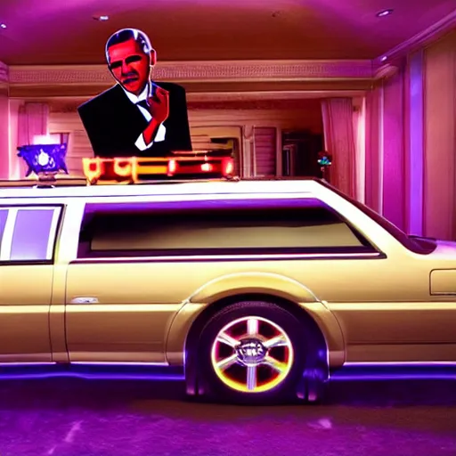 Image similar to barack obama on pimp my ride sitting in his newly upgraded presidential limo complete with a playstation 2, and a minibar. there are also neon lights in the interior.