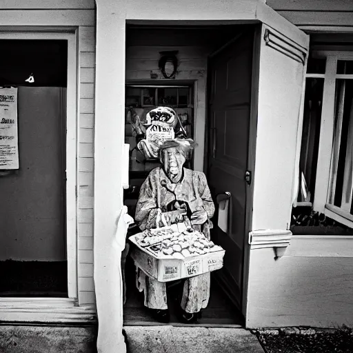 Prompt: Fisheye photo front door old woman selling cookies