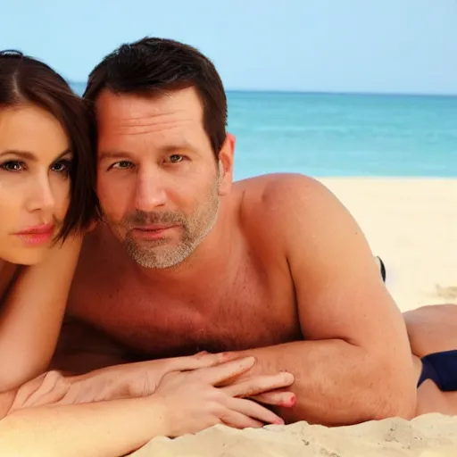 Prompt: photo of a 4 0 year old man that looks young for his age dating a very attractive 2 q year old woman wearing a bikini. they are ready to go to sleep