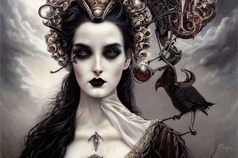 Image similar to By Tom Bagshaw, ultra realist soft painting of curiosities carnival by night, very beautiful horn single female gothic wearing corset closed eyes, symmetry accurate features, very intricate details, omnious sky, black and white, volumetric light clouds