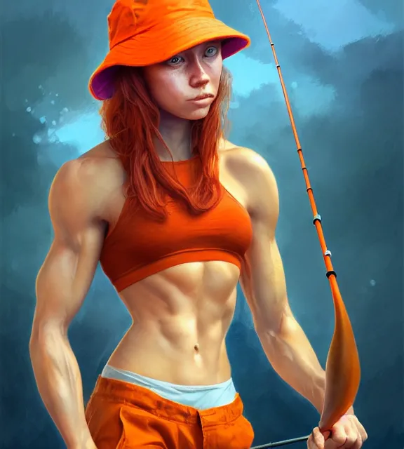 Prompt: muscular female angler, perfect face, bucket hat, orange halter top, ginger hair, abs, cinematic, blush, stunning, athletic, strong, agile, highly detailed, psychedelic, digital painting, artstation, smooth, hard focus, illustration, art by jessica rossier and and brian froud