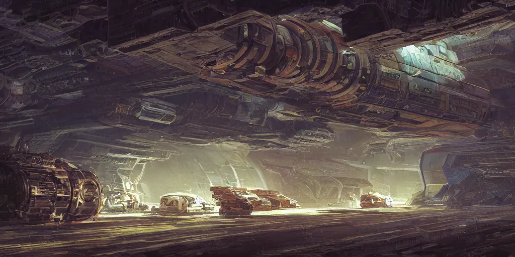 Image similar to an extremely detailed masterpiece epic color scene of the inside of a cavernous spaceship cargo bay with various types of parked spacecraft with pilots an opened hanger door space scene in background, in the style of frank paul lehr and lebbeus woods, intricate, elegant, highly detailed, digital painting, artstation, cinematic lighting, extremely moody lighting, glowing light and shadow, 4 k