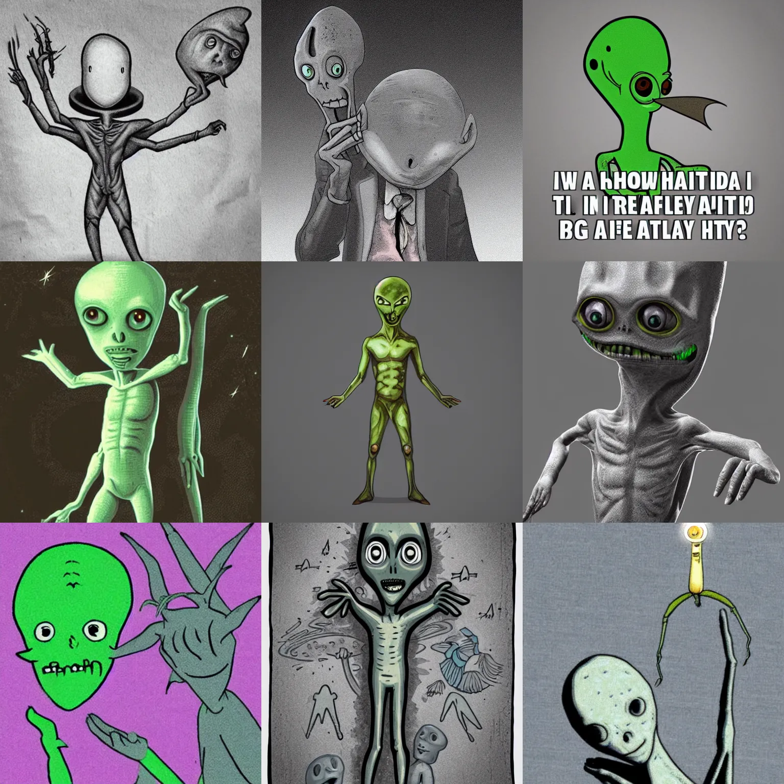 Prompt: a prototypical grey alien holding a large spliff and saying Ayy Lmao