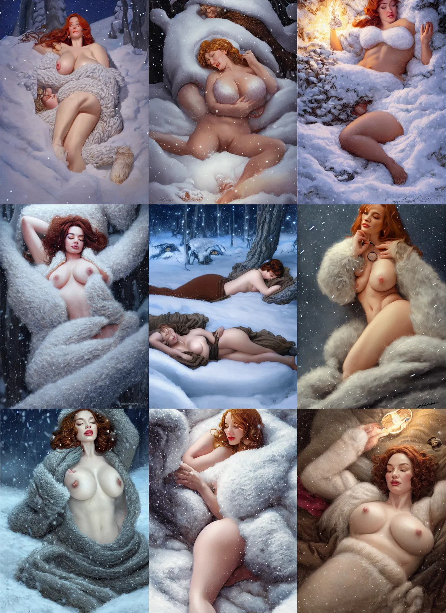 Prompt: portrait of muscled Christina Hendricks sleeping in soft snow wearing thick warm wooly covering clothing, winter scene fantasy, fireflies, torch light, scary creatures in background, intricate, elegant, highly detailed, centered, smooth, sharp focus, Donato Giancola, Joseph Christian Leyendecker, WLOP, Boris Vallejo, Artgerm