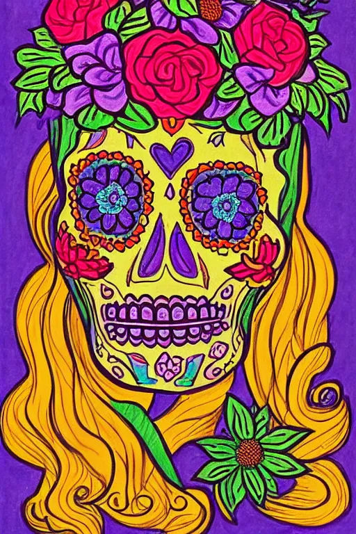 Prompt: Illustration of a sugar skull day of the dead girl, art by paul ranson