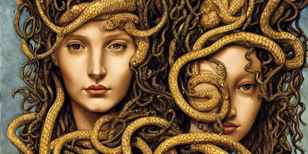 Image similar to realistic portrait of medusa with her snakes, golden, delicate, hyper realism, 1 4 5 0, ink, ultra realistic, 8 k