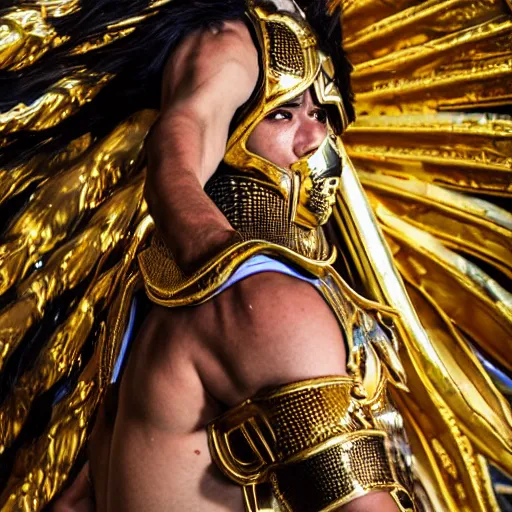 Image similar to A radiant, extreme long shot, photo of a 27-year-old Mexican male wearing the Scorpio Gold Armor, Beautiful gold Saint, Jaw-Dropping Beauty, gracious, aesthetically pleasing, dramatic eyes, intense stare, immense cosmic aura, from Knights of the Zodiac Saint Seiya, inside the Old Temple of Athena Greece,4k high resolution, Detailed photo, attention to detail, hyper detailed, ultra detailed, octane render, arnold render, Photoshopped, Award Winning Photo, groundbreaking, Deep depth of field, f/22, 35mm, make all elements sharp, at golden hour, Light Academia aesthetic, Socialist realism, by Annie Leibovitz